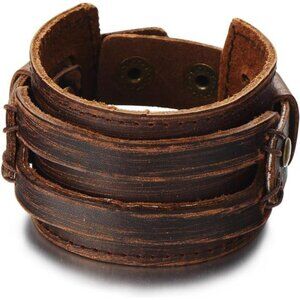 Metallic Genuine Leather Wristband Mens Wide Leather